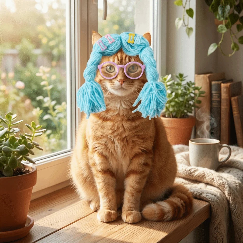 Pet Head Cover Funny Cat Double Braided Wig Knitted Colorful Pet Decoration Wig with Glasses Cat Cosplay Headwear Photo Props Vue