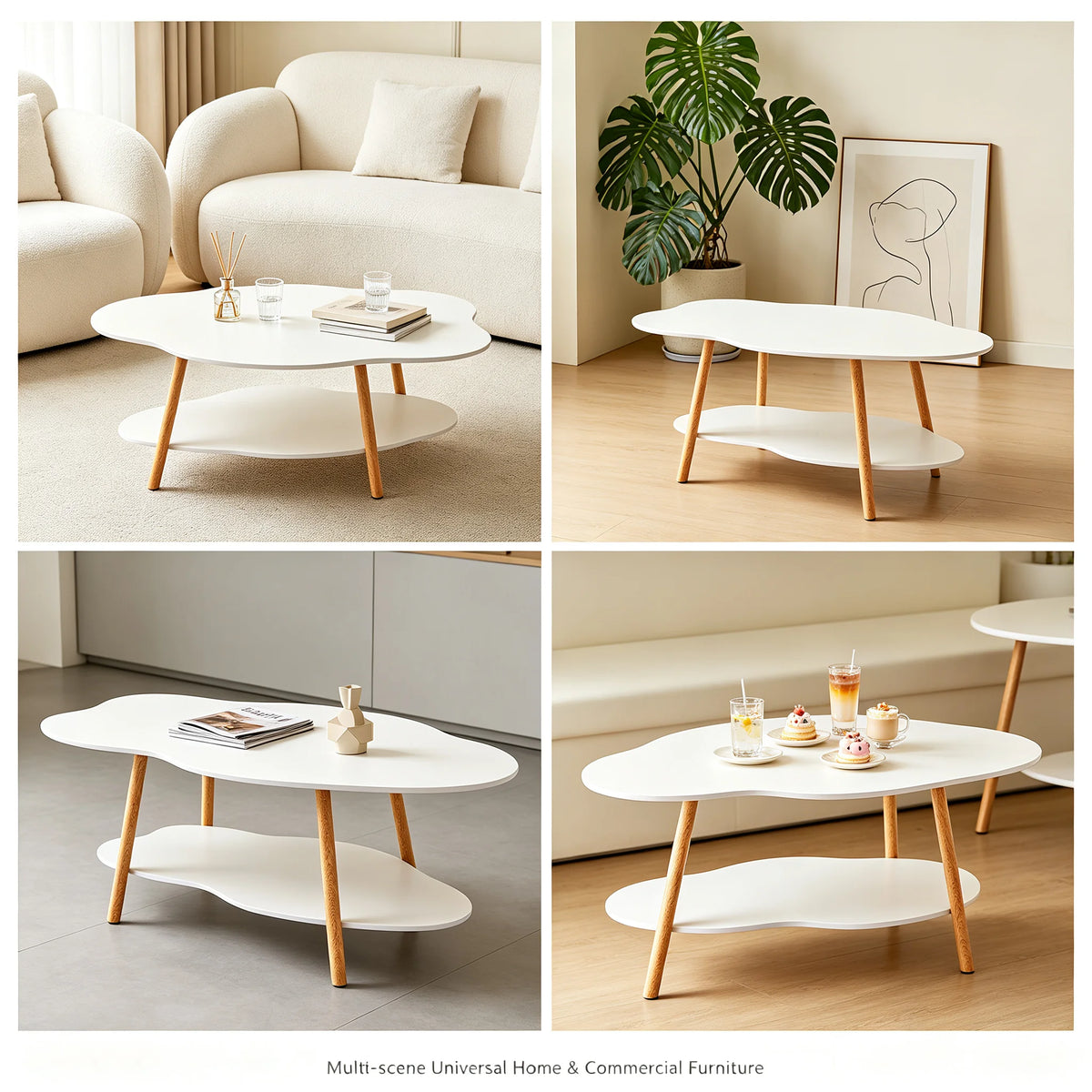 2-Tier Cloud-Shaped Coffee Table with Bottom Shelf – White Coffee Table Vue