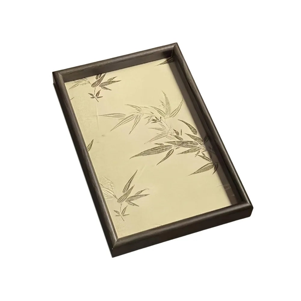 Wooden Bamboo Shadow Embroidered Tray Large Capacity Decorative Rectangular Storage Tray Space Saving Chinese Style Vue Gold