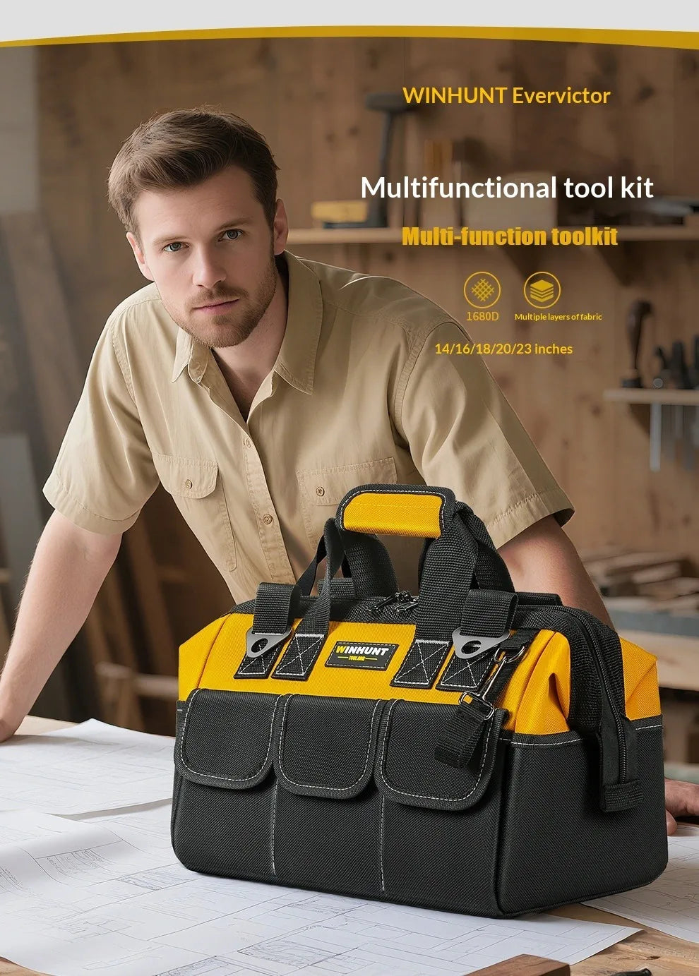 Multi-Pocket Heavy Duty Tool Bag with Reinforced Bottom, Portable Tote for Electricians, DIY, Repair and Installation Vue