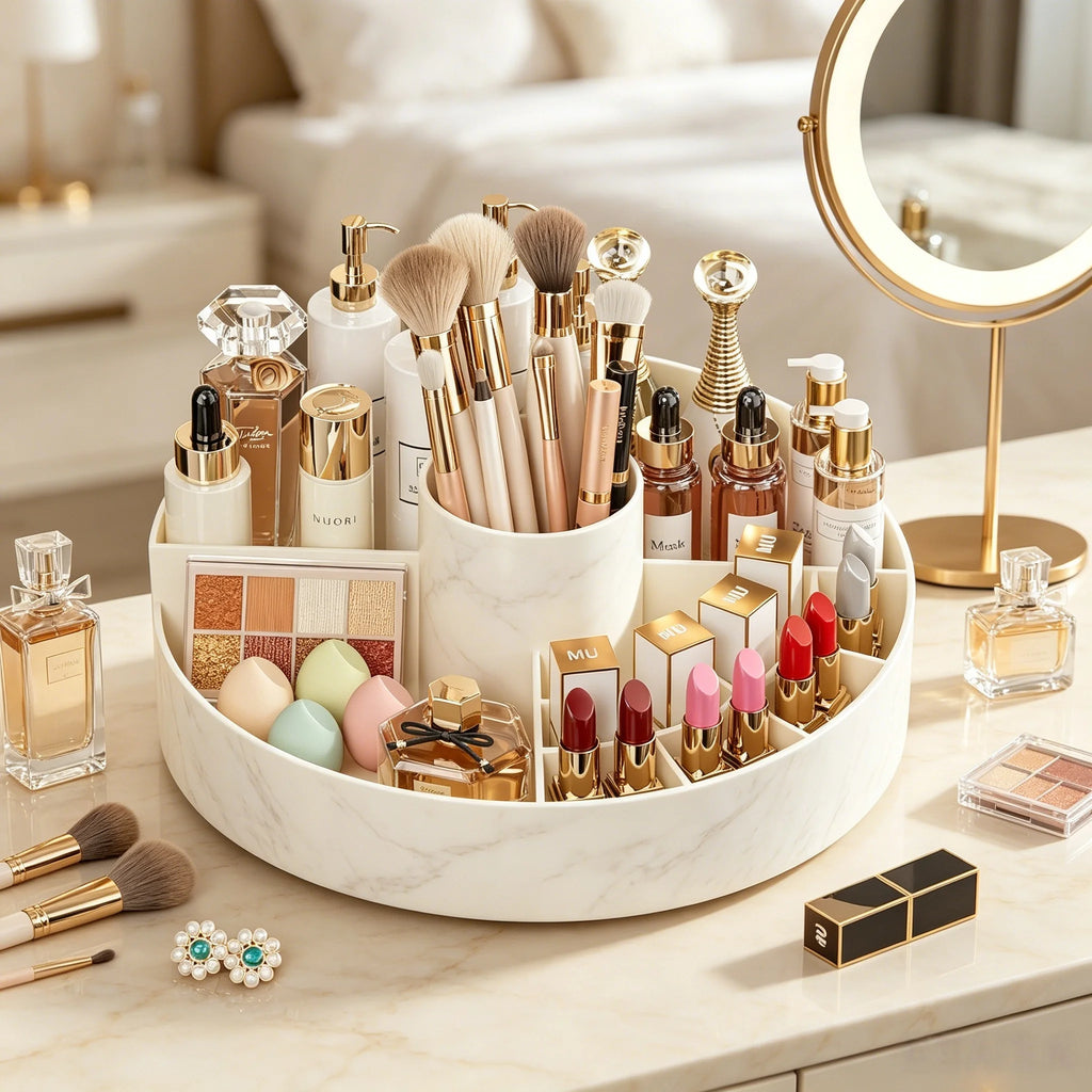 Rotating Cosmetic Storage Box Multi - compartment Organizer for Lipsticks Eyebrow Pencils Brushes Bathroom Skincare Storage Vue