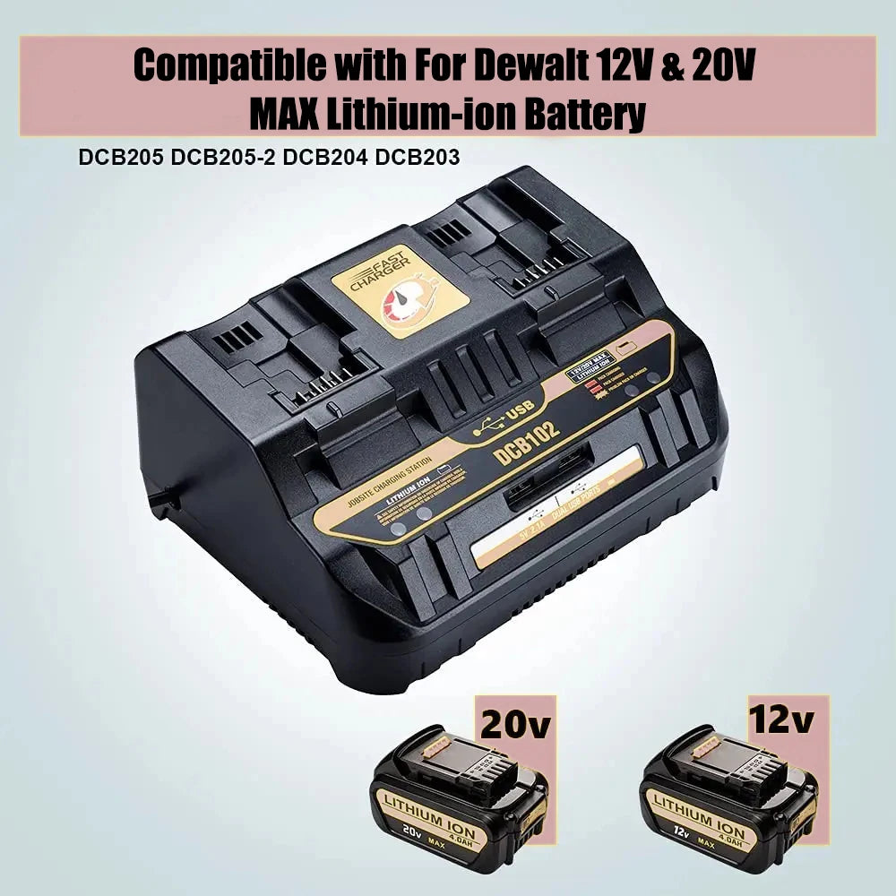 DCB102 Dual-Port Rapid Charger Power Tool Battery Charger Compatible with For Dewell 14.4V/18V Lithium Batteries with USB Port Vue