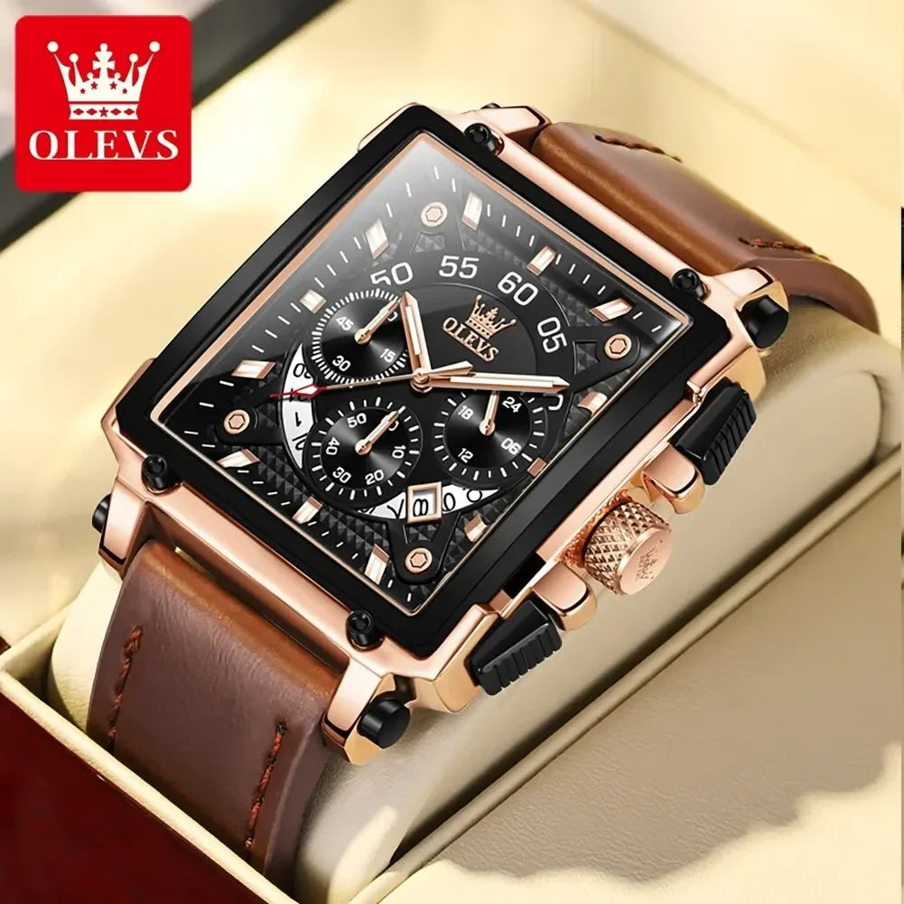 OLEVS 9919 Square Quartz Watch – Leather, Luminous, Waterproof Quartz Wristwatch Vue