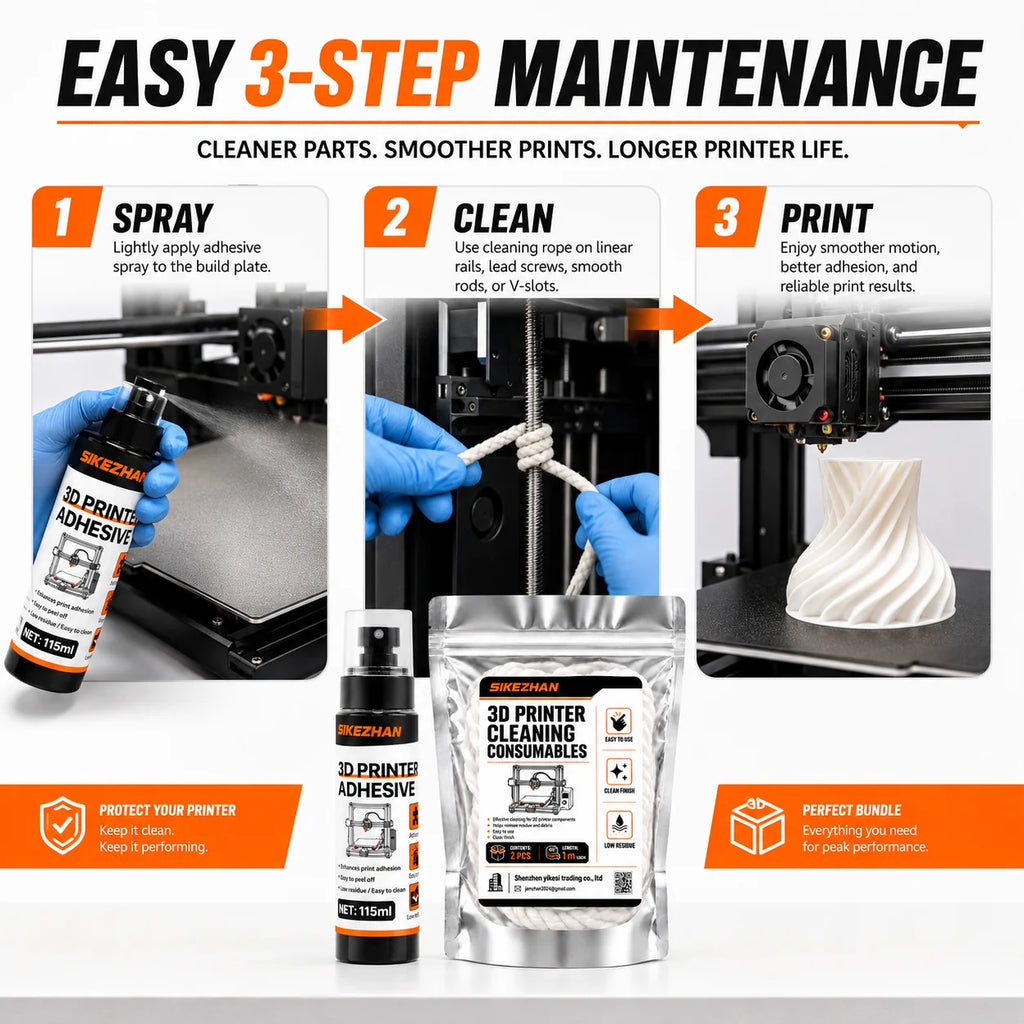 SIKEZHAN 3D Printer Maintenance Set 115ml Adhesion & 2PCS 1m Cleaning Parts for PEI Glass Plate Nozzle Residue Remover Upgrade Vue