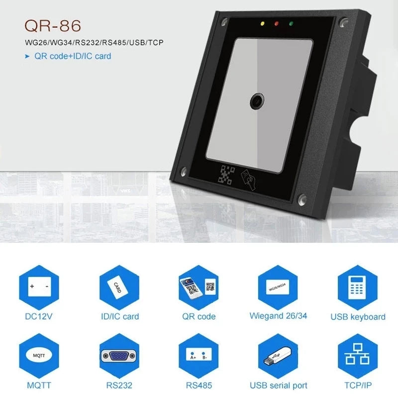 QR Code Rfid Card Reader USB TCP/IP RS485 125khz Wiegand Sensor Proximity Tempered Glass Automatic Sensing for Access Control Vue