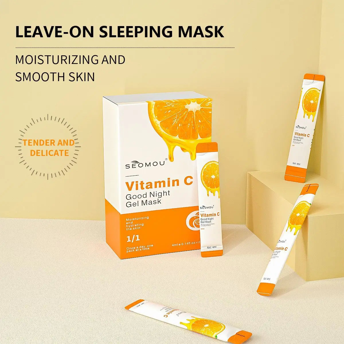 4Mi*20 Pieces/Box Vitamin C Good Night Jelly Mask, Can Be Used as a Sleep Mask, No Need to Rinse, Can Be Used for Nighttime Facial Beauty Care Contains Fresh Orange Essence, Royal Jelly Extract, and Other Ingredients That Can Vue