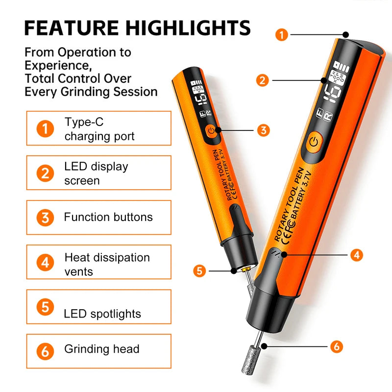 Mini USB Electric Grinder LED Display Electric Drill 6000-16000 RPM 6-speed Adjustable for Engraving Carving Milling Polishing Vue