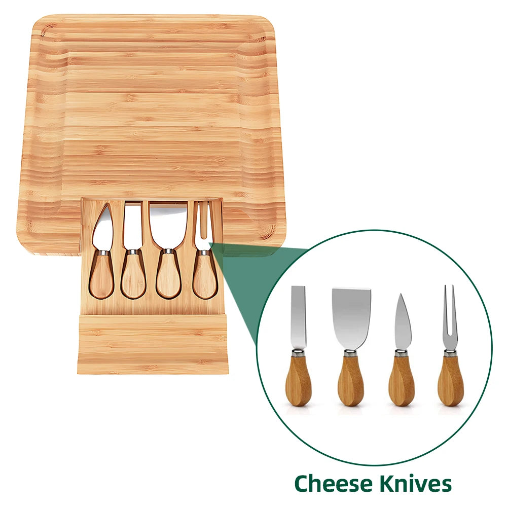 Charcuterie Boards Gift Set with 4 Cheese Knives Large Bamboo Cheese Boards with Hidden Utensil Drawer Partition Food Storage Vue
