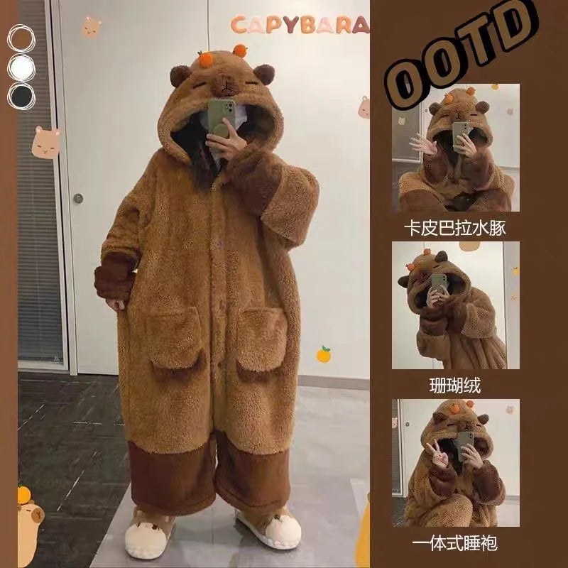 Hot Cute Capybara Winter Pajama Cartoon Animal Soft Plush Jumpsuit For Adults Kawaii Velvet Pajama Night Robe Cosplay Suit Vue