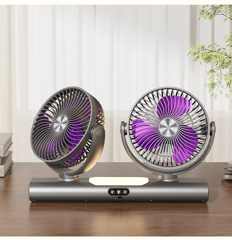 Rechargeable Dual-head Desk Fan Night Light 3-Speed Quiet Air Vue