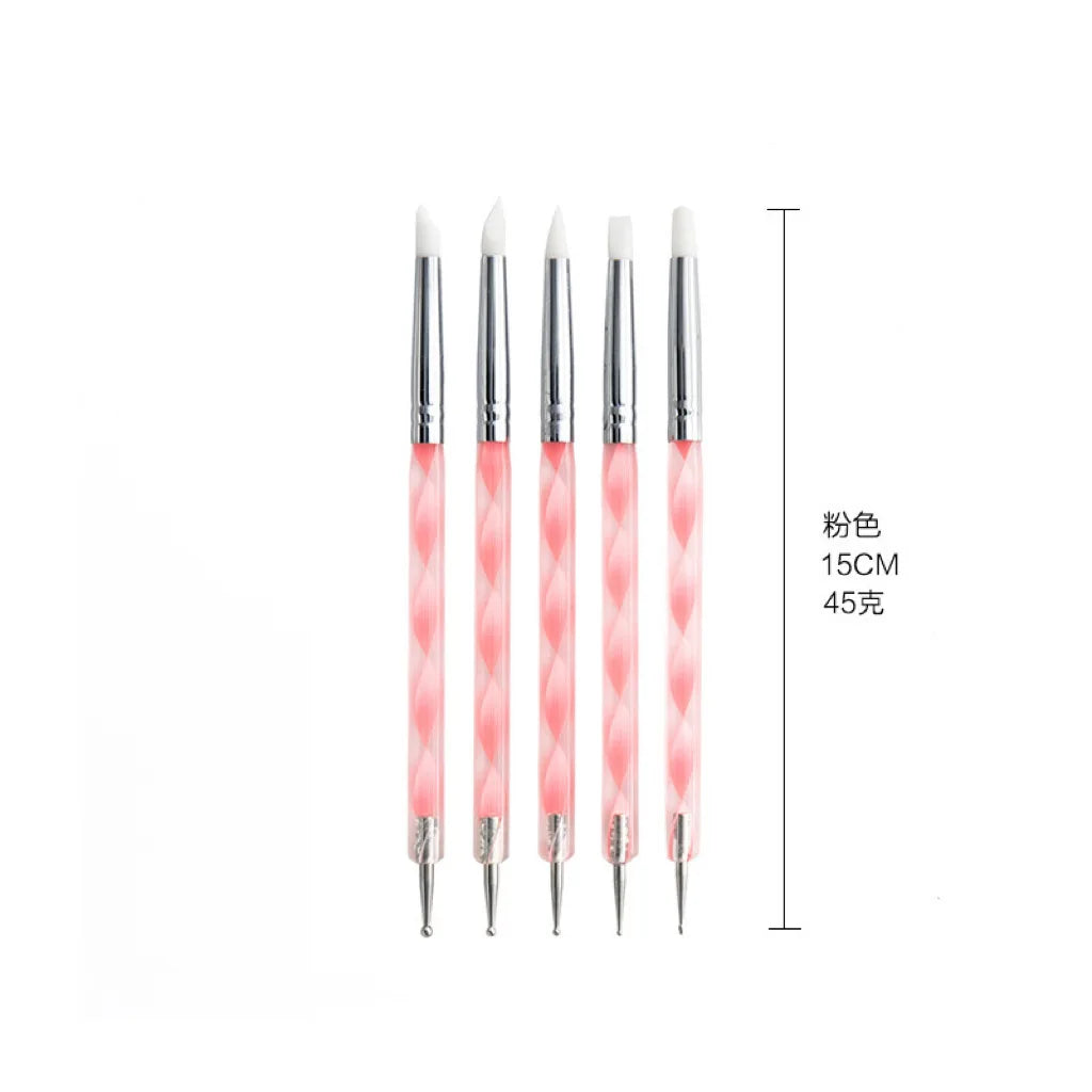 5Pcs 2 Way Nail Art Acrylic Silicone Point Flower Nail Pen Stainless Steel Dotting Tools Marbleizing Painting Pens Vue