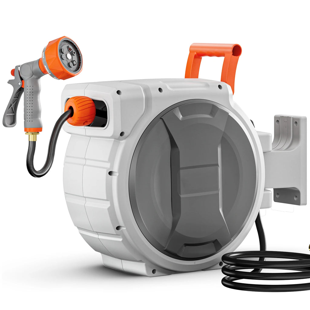 SucceBuy Retractable Garden Hose Reel Wall Mounted Hose Reel Heavy Duty Garden Hose Reel with 9Pattern Nozzle 180°Swivel Bracket Vue