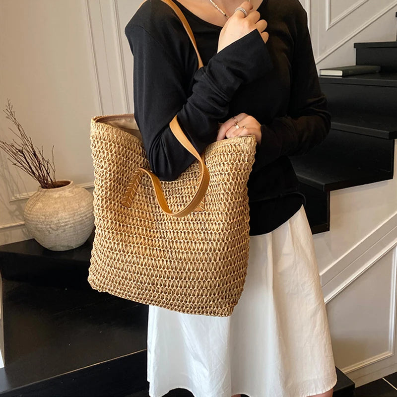 Women Top-handle Bags Straw Summer Beach Bucket Bag Woven Tote Purse