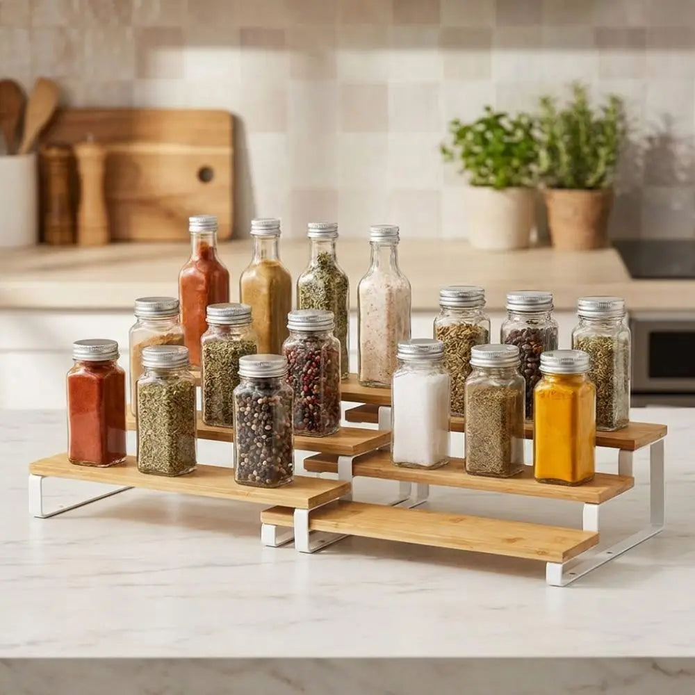 Bamboo 3 Tier Spice Rack Detachable Space Saving Spice Condiment Shelf Large Capacity Expandable Step Storage Rack Bathroom Vue