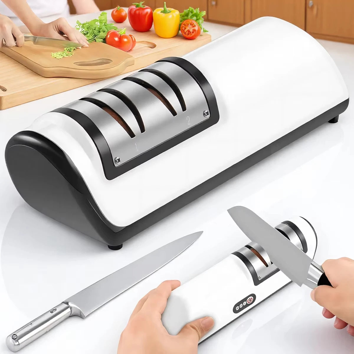 Electric Knife Sharpener Quick Sharpening Tool Rechargeable Non Slip Pad Portable Kitchen Blade Sharpener Vue