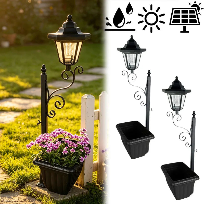 Wrought Iron Solar Lamppost with Planter Waterproof Outdoor Floor Stake Light for Garden Patio Walkway Landscape Ambiance Decor Vue