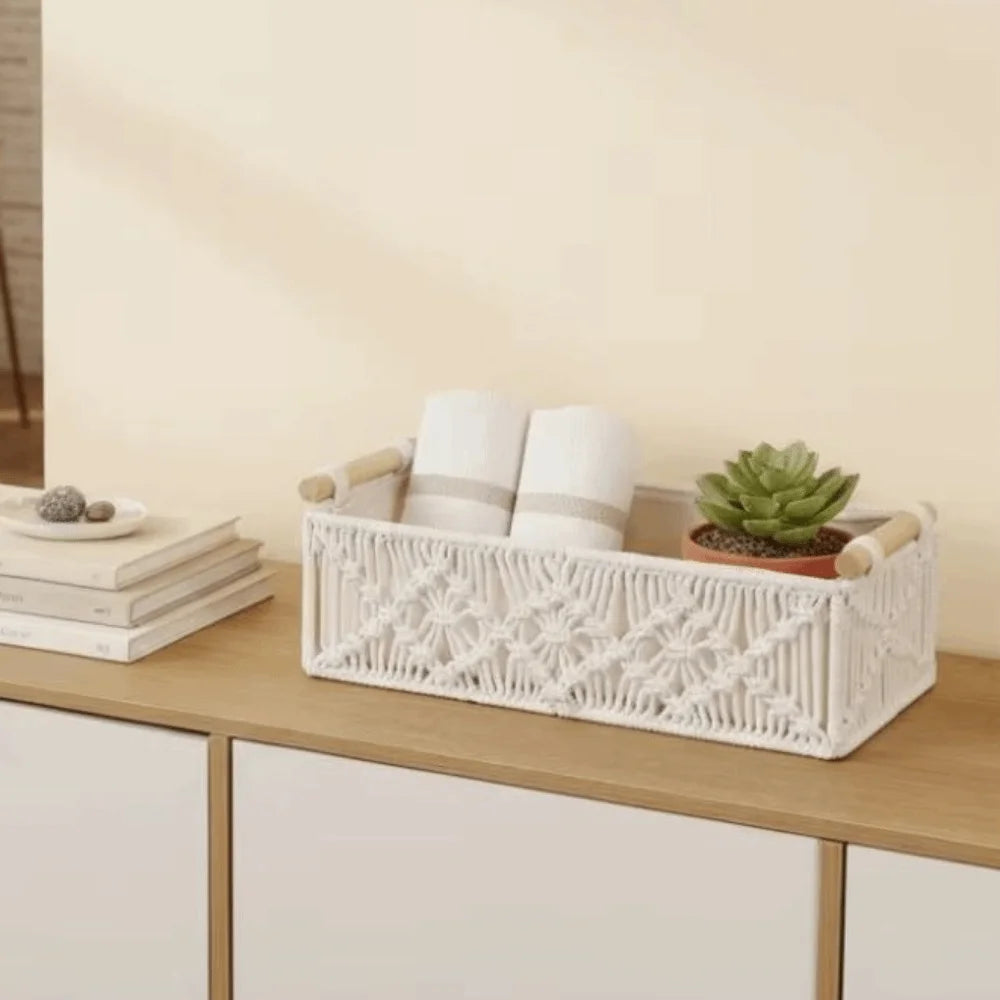 Cotton Rope Hand Woven Storage Box Decorative with Handle Macrame Organizer Box Warm White Handmade Toilet Paper Shelf Basket Vue