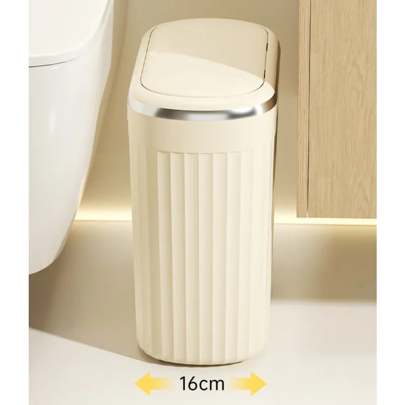 Large Trash Can With Push Lid Premium Capacity Odor Sealing For Bathroom Toilet Narrow Gap Home Use For Families And Guests Vue