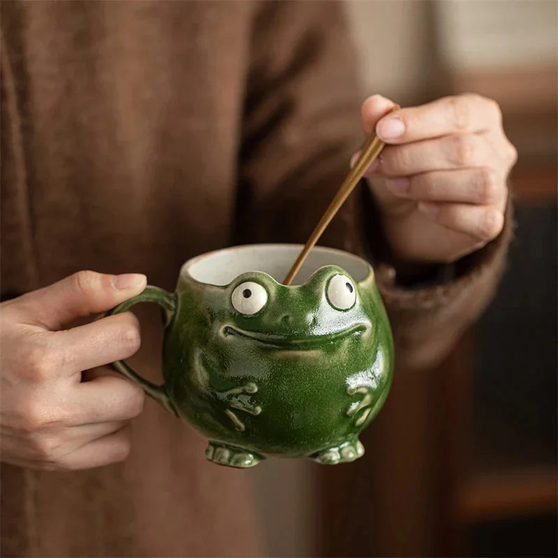 Frog Ceramic Coffee Mug With Spoon Cute Retro Personality Design Cup For Office Desk Home Table Decor Gift For Women Teens Vue