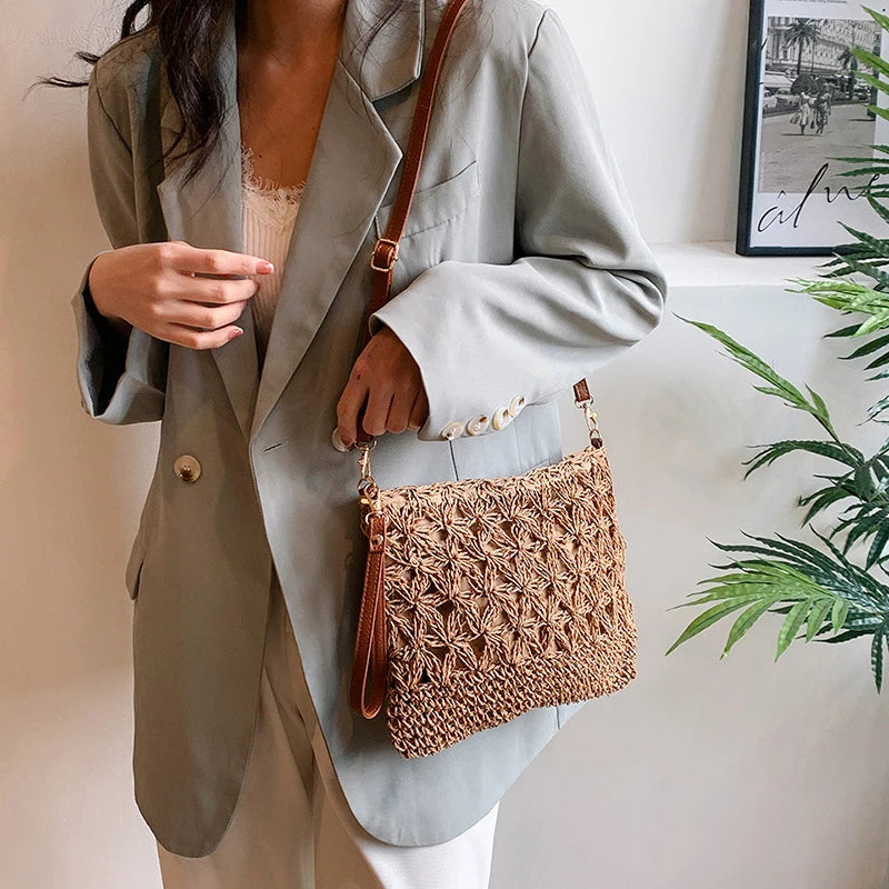 Summer Beach Women Straw Rattan Weave Shoulder Crossbody Bag Hollow