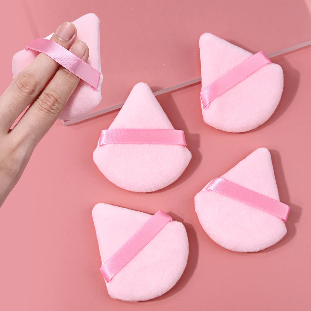 5Pcs Triangle Velvet Makeup Puff Pink Wedge Shape Makeup Sponge Puffs With Strap Soft Foundation Setting Powder Applicator For F Vue