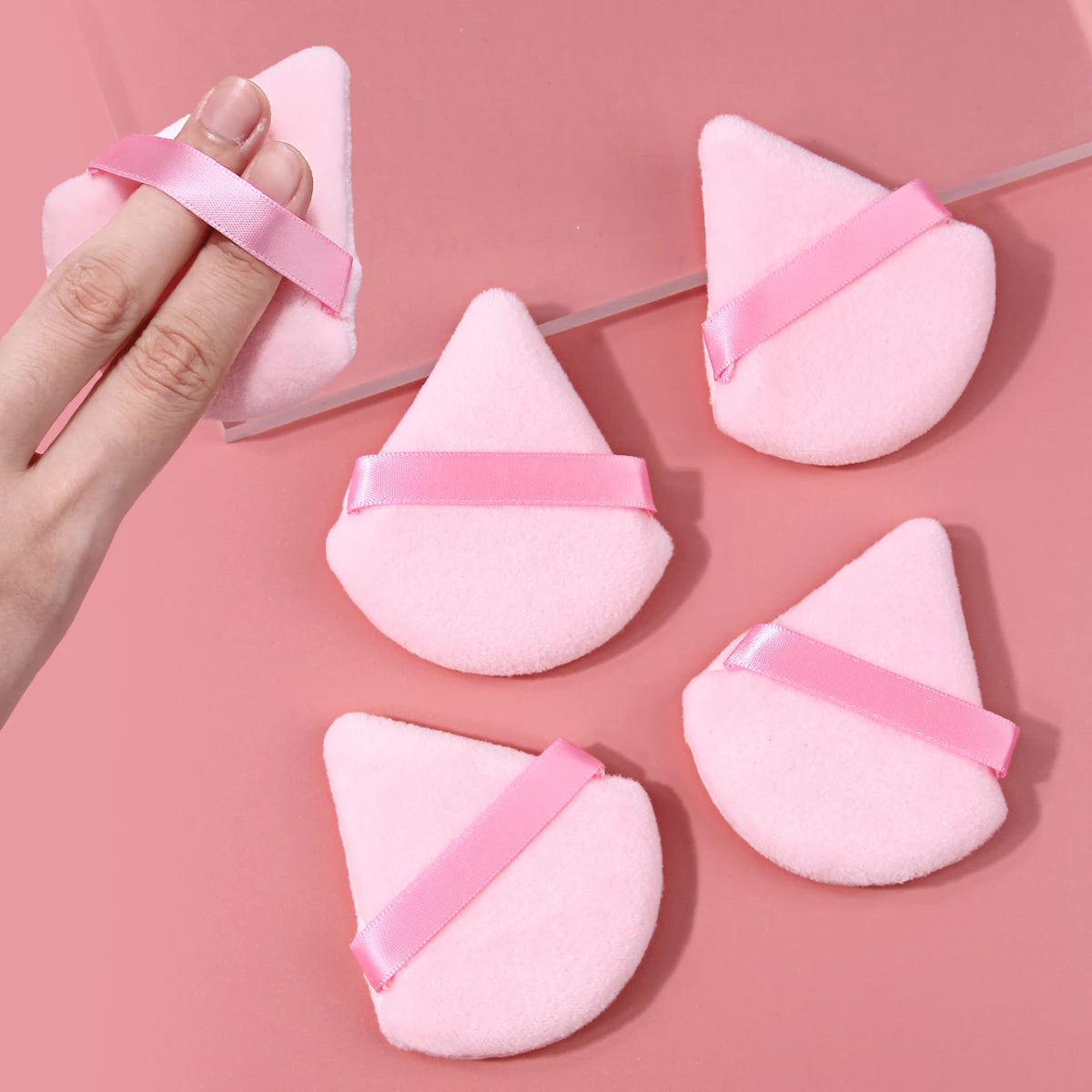 5Pcs Triangle Velvet Makeup Puff Pink Wedge Shape Makeup Sponge Puffs With Strap Soft Foundation Setting Powder Applicator For F Vue