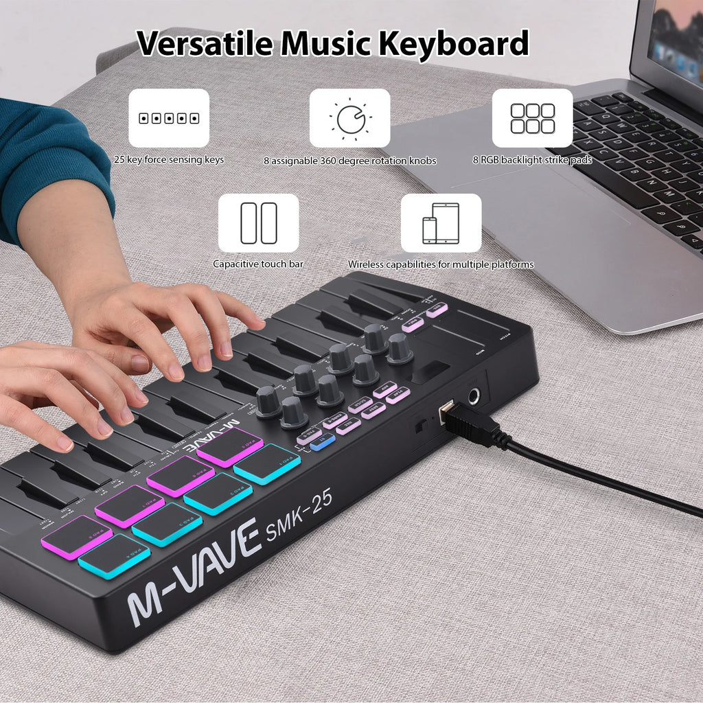 MIDI Keyboard Controller Beat Maker Machine Rechargeable 25 Keys MIDI Keyboard Portable Arranging Strike Pad RGB Backlight MIDI Vue