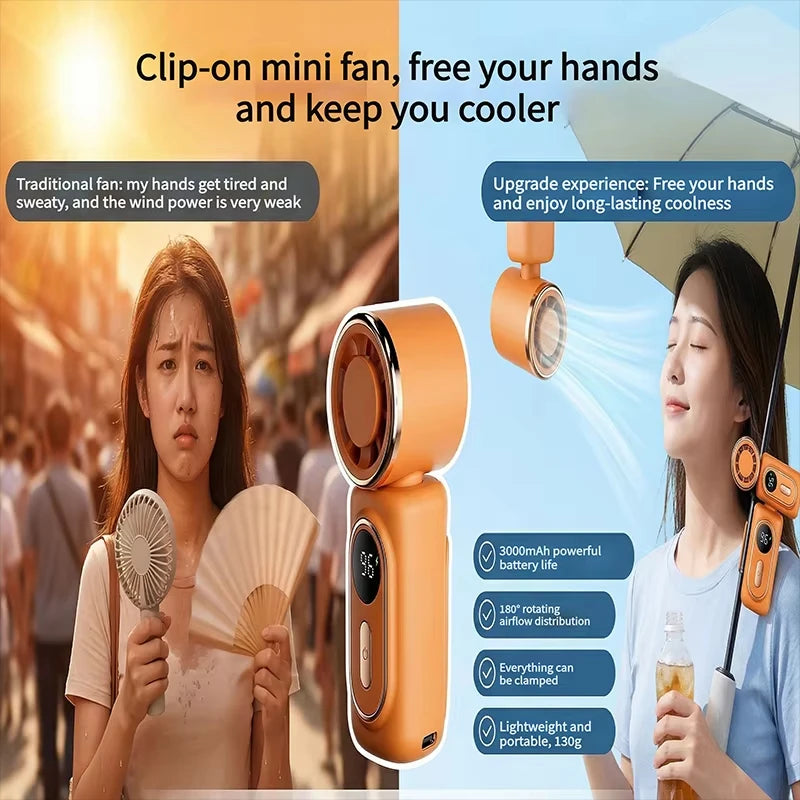 Portable Handheld Fan with Clip Umbrella Holder Function - Compact Personal Cooling Fan for On-the-Go Relief Silicone anti-slip Vue