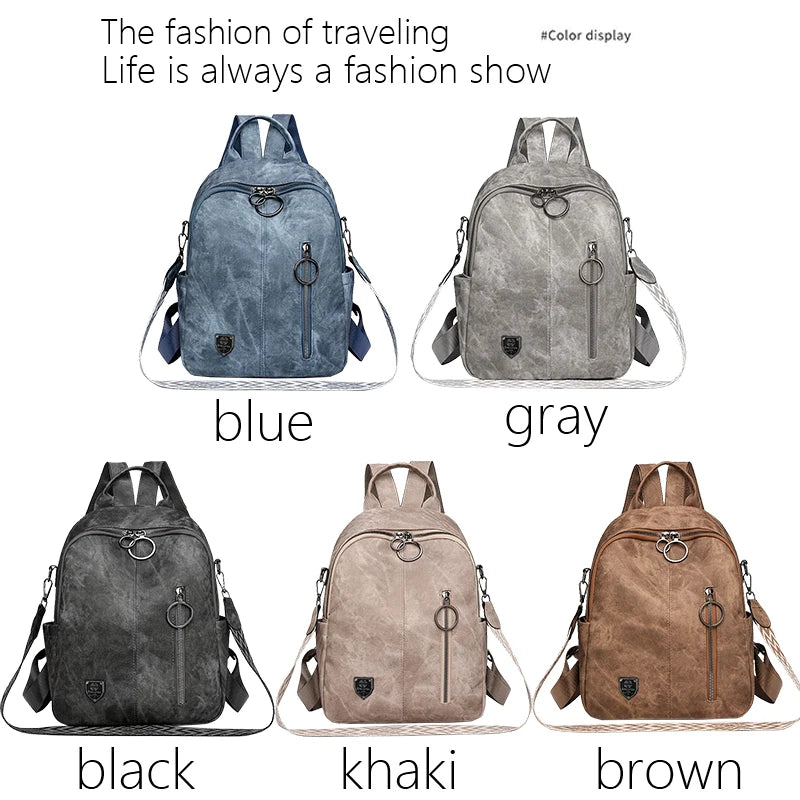 Vintage Washed Pu Leather Backpack Large Capacity Casual Daily Office