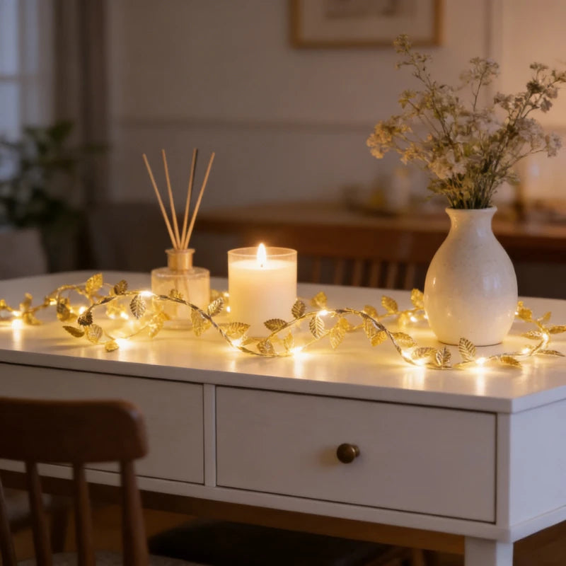 20LED Golden Tiny Leaves Copper Wire String Lights Battery Powered Fairy Lights for Home Wedding Party Christmas DIY Decoration Vue