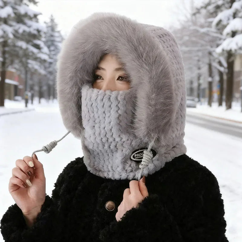 Warm Plush Winter Hat for Women Thick Hood Ear Protection Scarf and Mask Integrated Design Windproof for Riding Outdoor Travel Vue