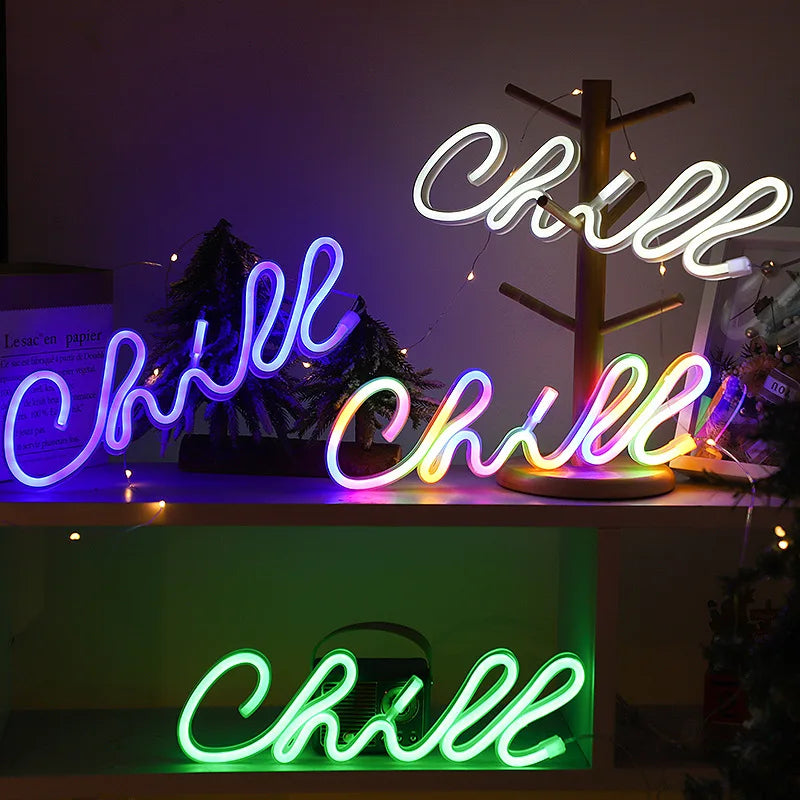 Colorful Neon Signs Light Chill Letters Modeling LED Lights for Wall Indoor USB or 3-AA Battery Powered Home Room Decor 021 Vue