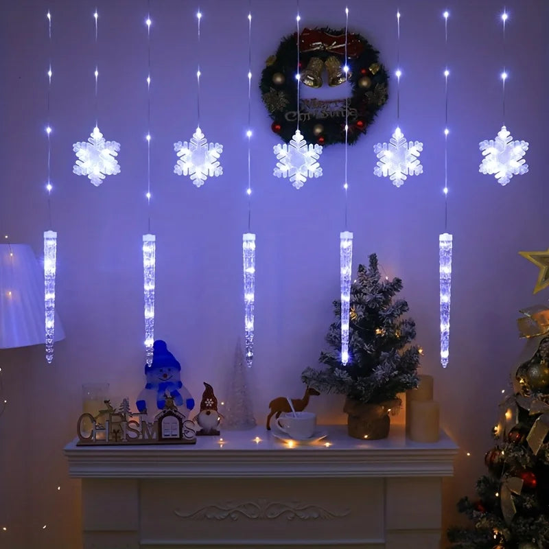 LED Christmas Icicle Snowflake Curtain Lights Indoor & Outdoor, USB Supply + Remote Control, 8 Light Modes, Easy Plug-and-Play Vue