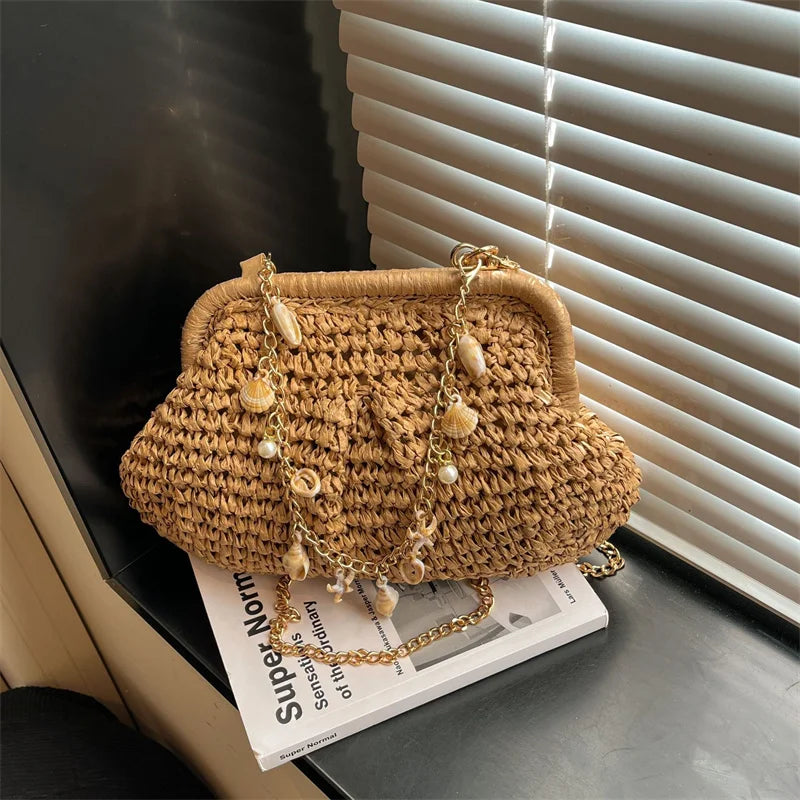 Summer Straw Weaving Crossbody Bag Fashionable Shell Women's Chain Vue khaki