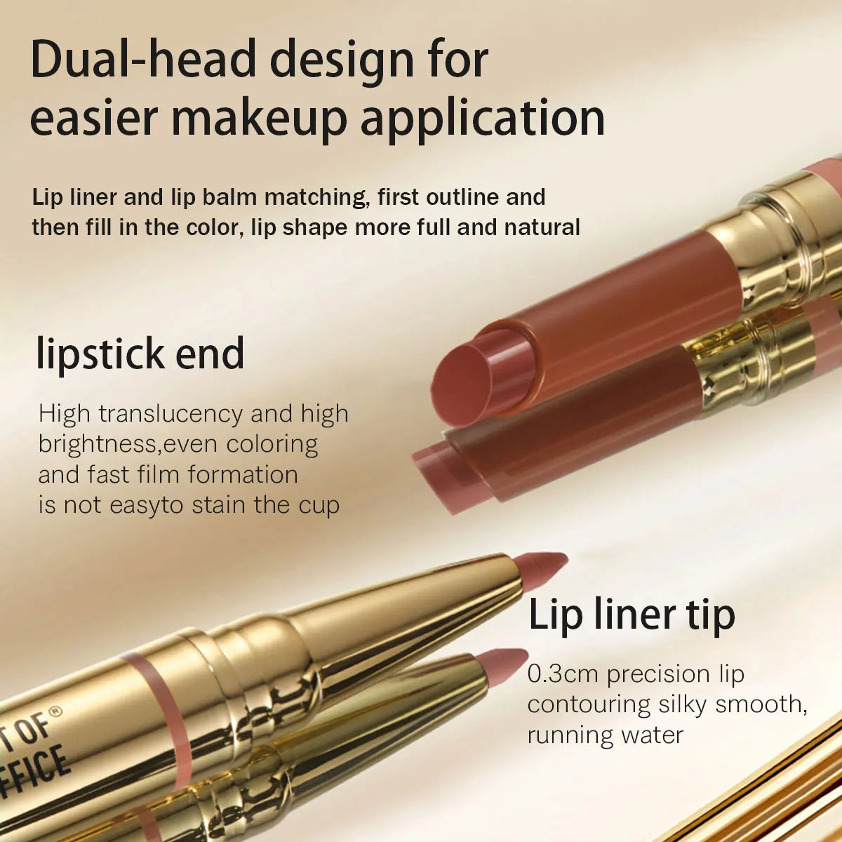 OUT OF OFFICE 2IN1 GLOSSY LIP BALM&LIPLINER DUO,Long-Lasting Wear,Luxury Makeup,Twist-Up Design,Natural Look,Feather-Proof Vue