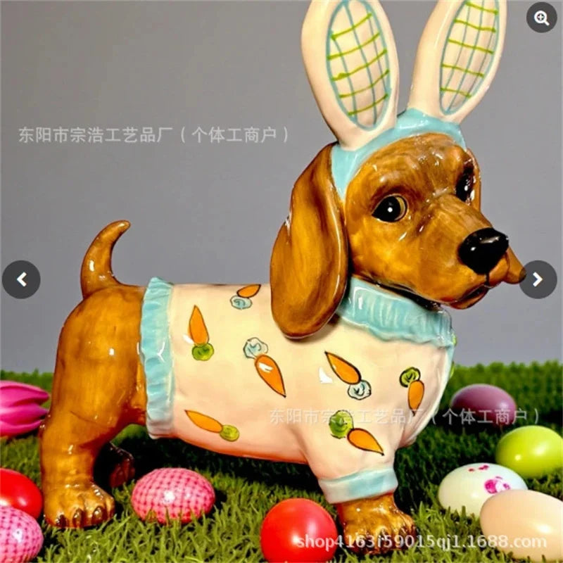 Easter Bunny Statue Dachshund Resin Figurine Cute Hand Painted Dog Ornament Table Centerpiece Home Display Gift For Women Kids Vue