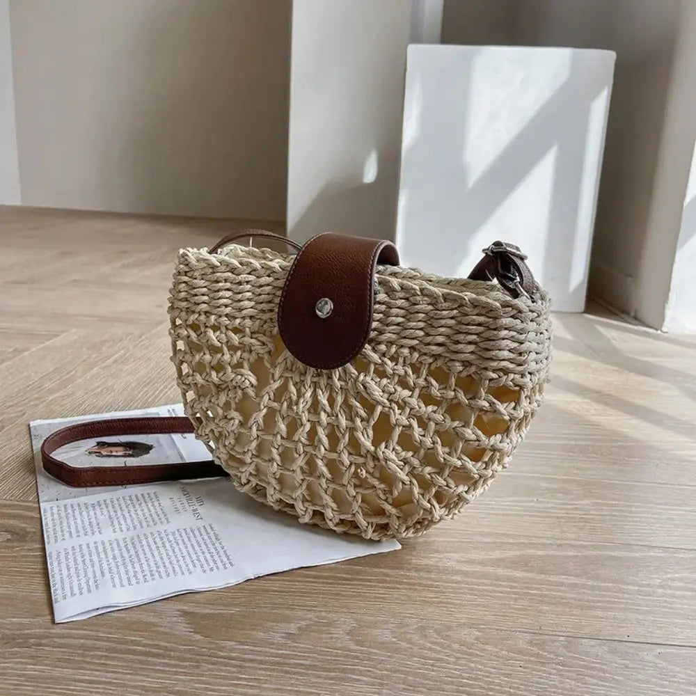 Women Summer Straw Bag Fashion Messenger Handbag Semicircle Crossbody