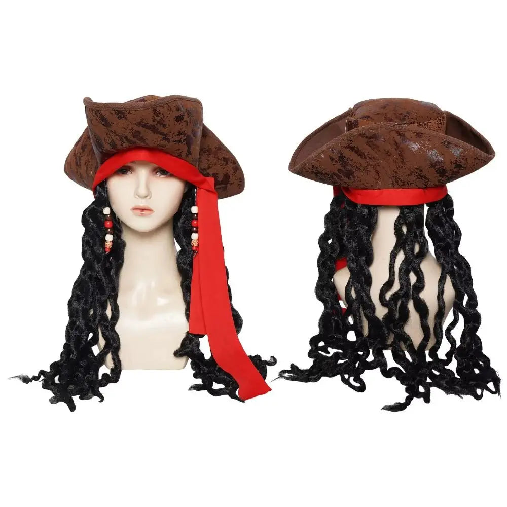 Masquerade Curly Hair Pirate Hat Stage Performance Synthetic Fibers Captain Cos Wig Role Play Black Long Cosplay Wig Halloween Vue