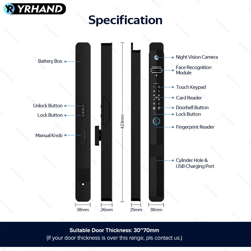 YRHAND Real time intercom Tuya WiFi Smart Door Lock Electronic Lock 3D Face Unlock Key Fingerprint Unlock Sliding Door Lock Vue