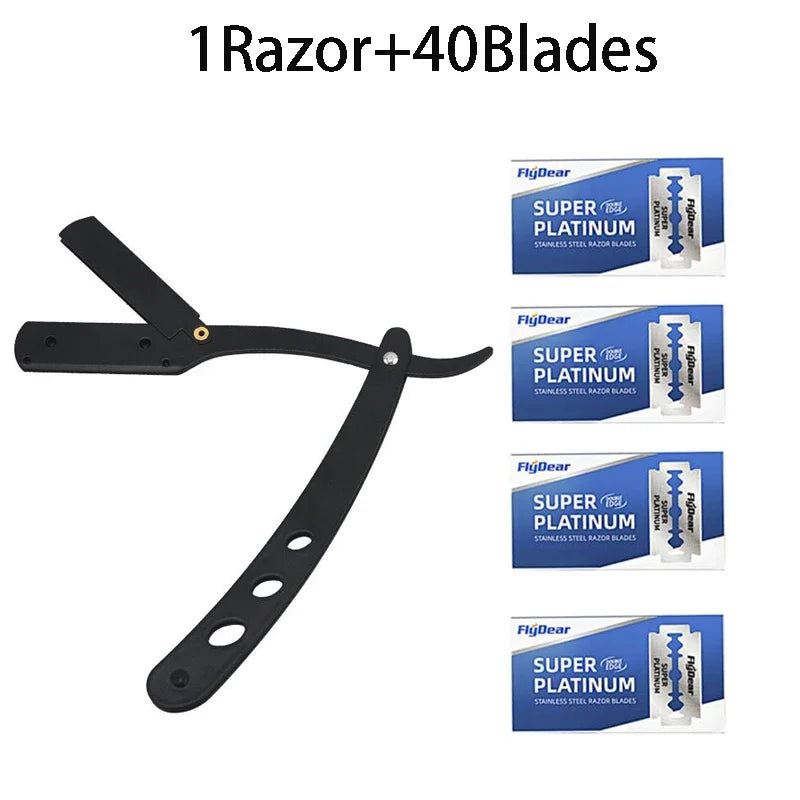 Men's Stainless Steel Replaceable Black Razor Blade, Razor Blade Manual Razor Classic Wet Shaving Vue 1Razor and 40Blades