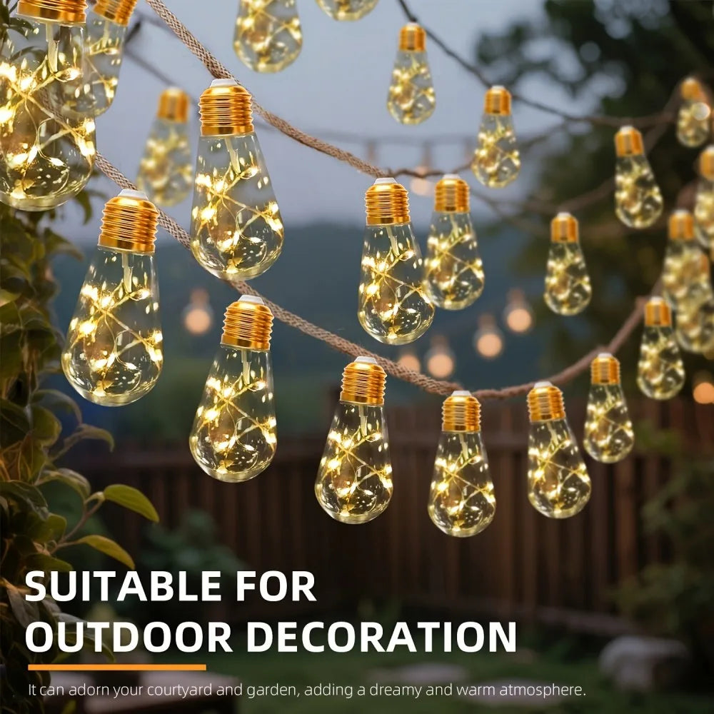 1PC 10/20LED Outdoor Garden Solar Light String, Bulb Hanging Retro Hemp Rope Light String, for Camping Courtyard Fence Garden Vue