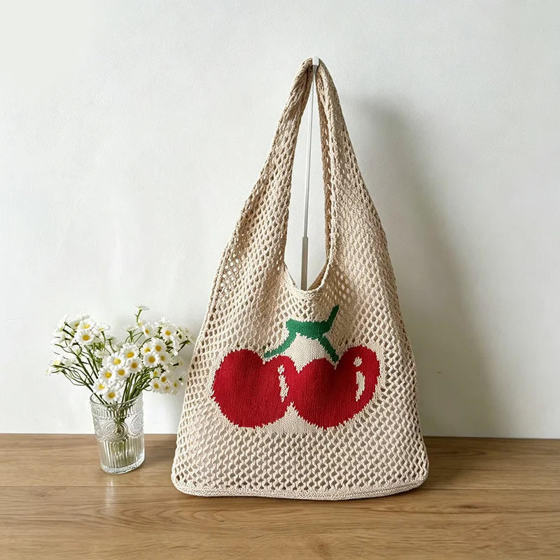 Summer Hollow Out Shoulder Bag Cherry Desing Knit Hand Woven Vue khaki