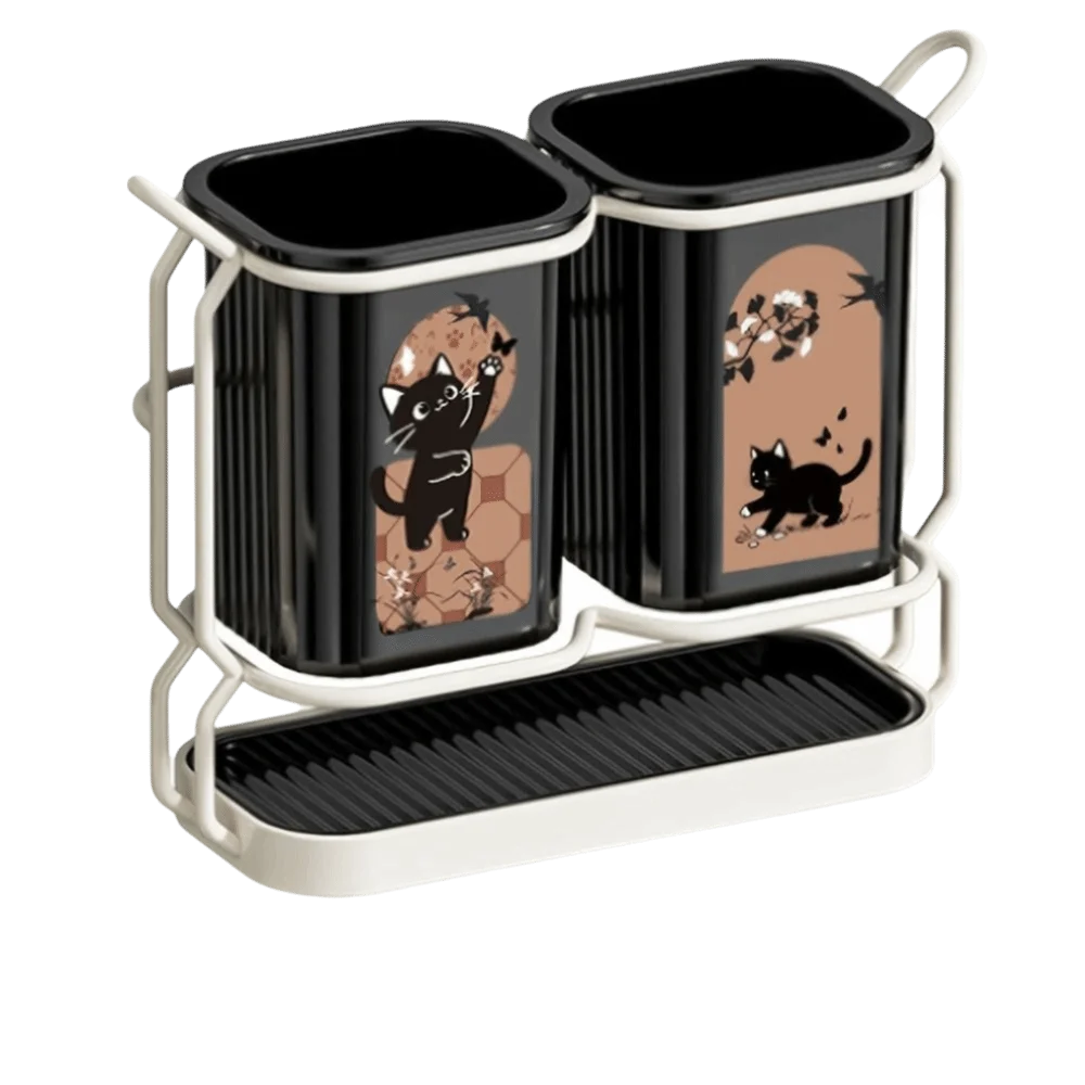 Cute Cat Kitchen Storage Basket Durable Organizer Cutlery Holder Standing No-drill Tableware Drainer Household Vue Black
