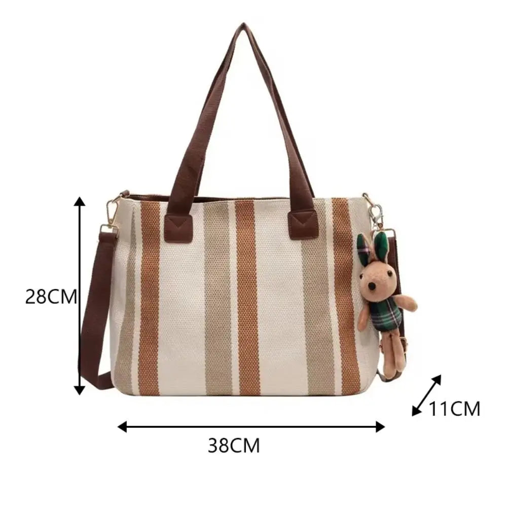 New Cloth Striped Tote Bag Detachable Strap Adjustable Shoulder Bag Dual Handles with Rabbit Pendant Handbag Office Vue