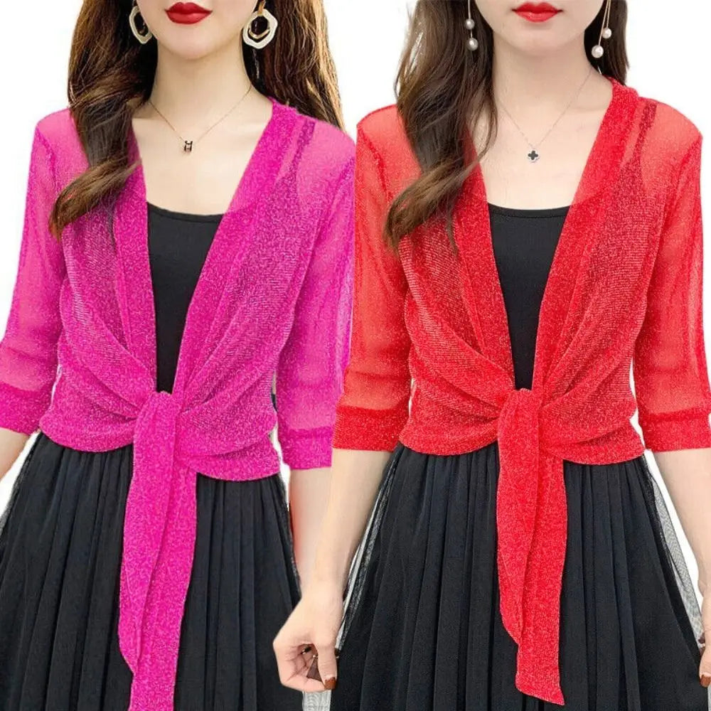 Glitter Tie Up Open Front Shrug Ladies Shawl Cropped Beach Summer Sun