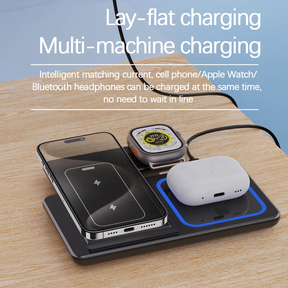 Foldable 3 In 1 Wireless Charger Pad Stand For iPhone 15 14 13 12 8 X XR Apple Watch 8 7 6 Airprods Fast Charging Dock Station Vue