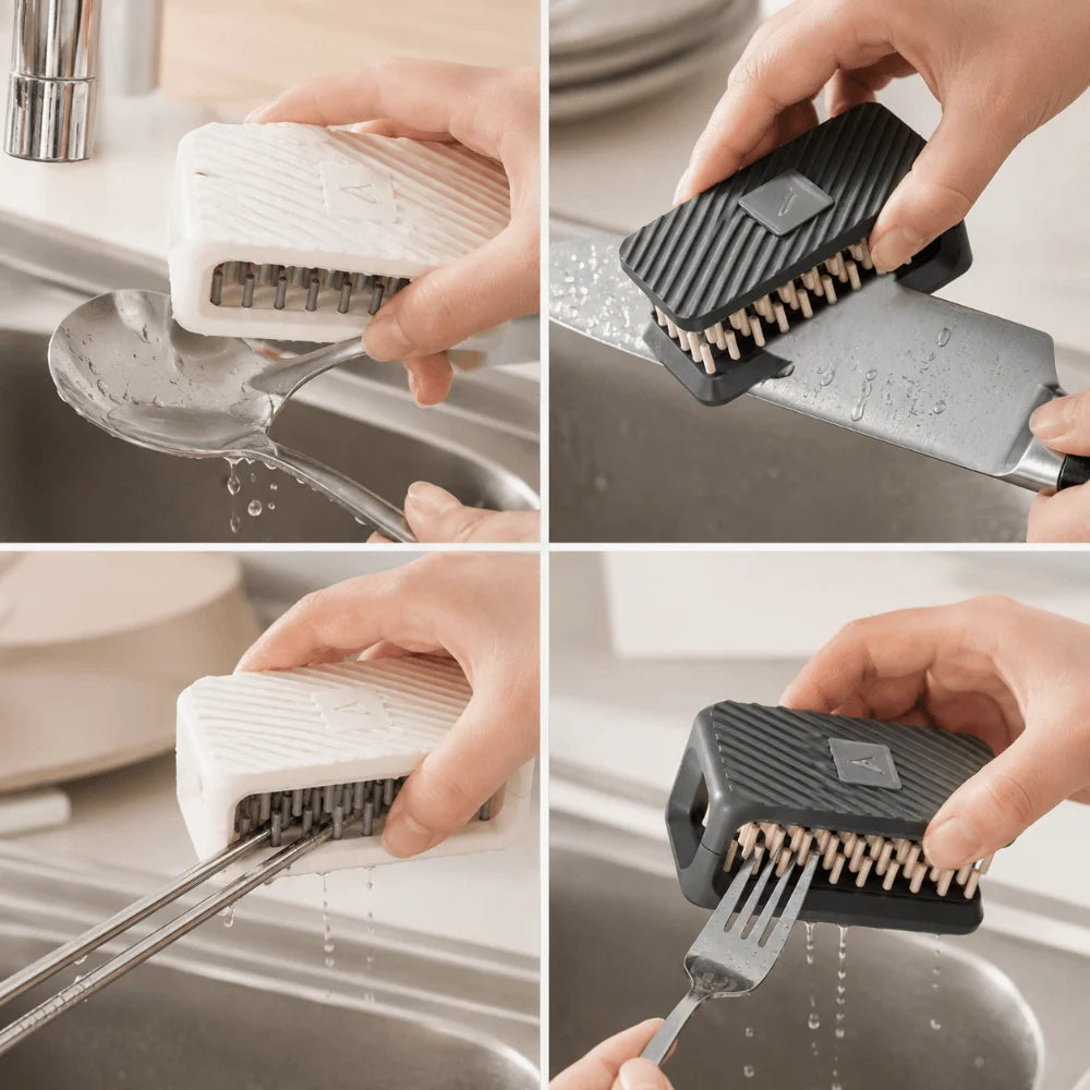 Double Side Utensil Cleaning Brush Anti-Slip Hands Free Tableware Brush with Adhesive Backing U-Shaped Kitchen Scrubber Kitchen Vue