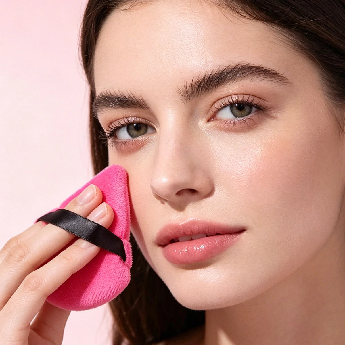 2PCS Blush Makeup Tool Set, Black Short Handle Rose Red Fluffy Blush Brush + Triangle Velour Finger makeup Puff Travel Cosmetic Vue