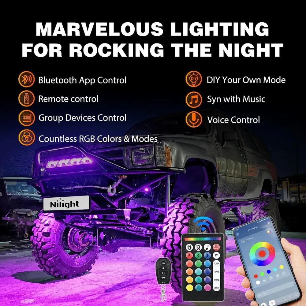 Nilight RGB LED Rock Lights Kit Car Underglow Chassis Light For Jeep Truck SUV ATV UTV Decorative Accessorie Neon Pod Remote&App Vue