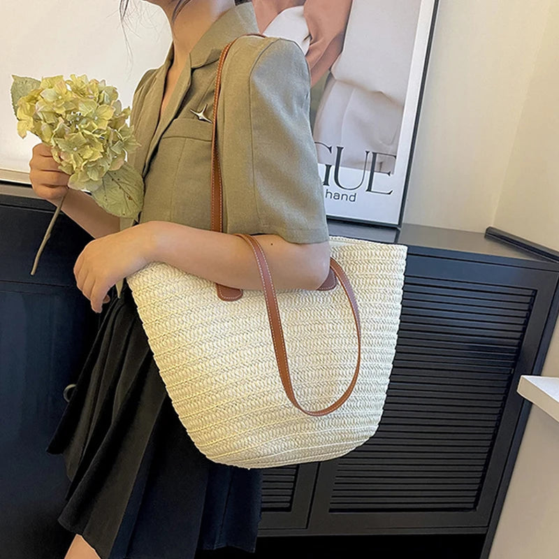 Women Braided Basket Clutches Top-handle Bag Large Straw Portable